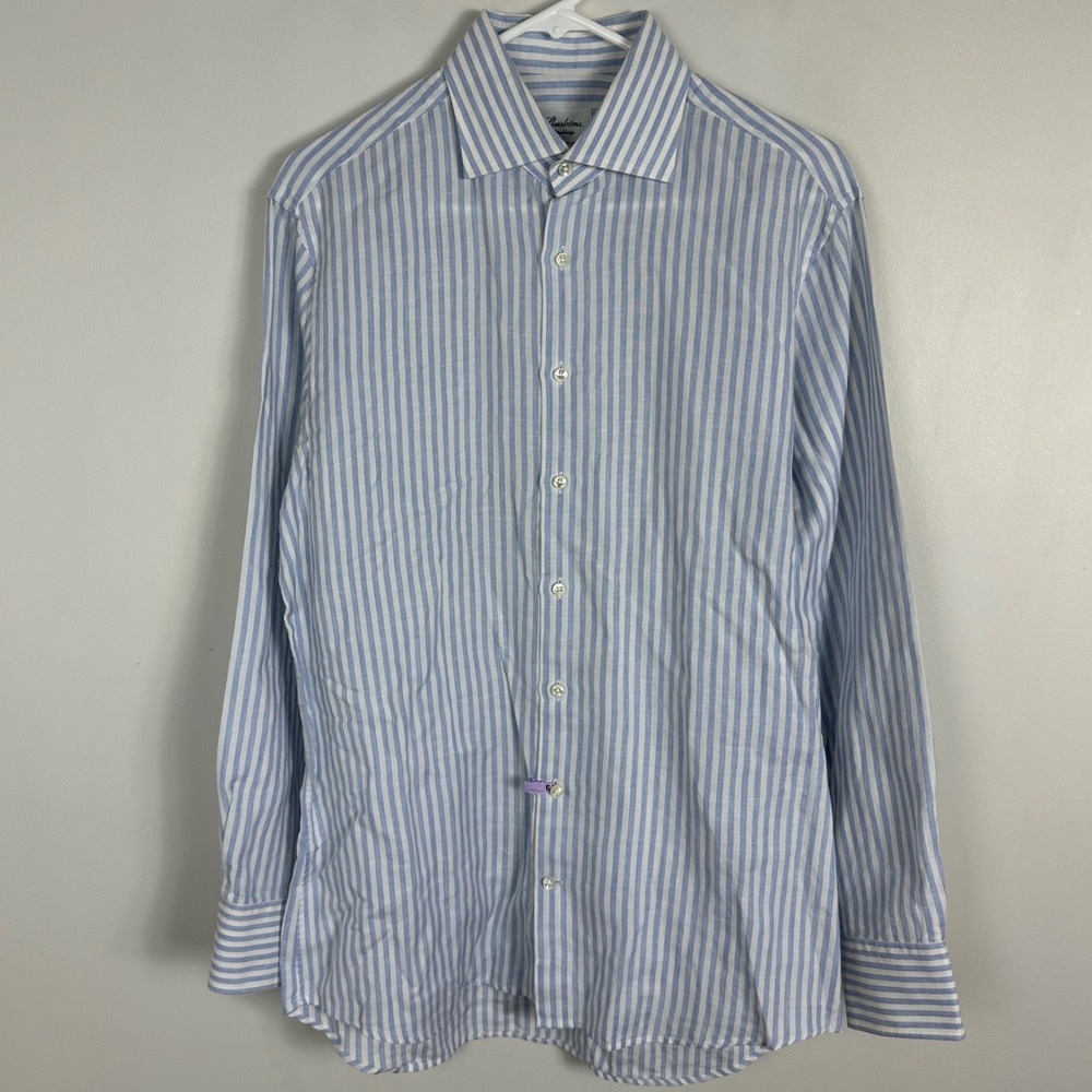 Stenstroms Linen Blend Mens Shirt Medium Blue White Striped Long Sleeve Button